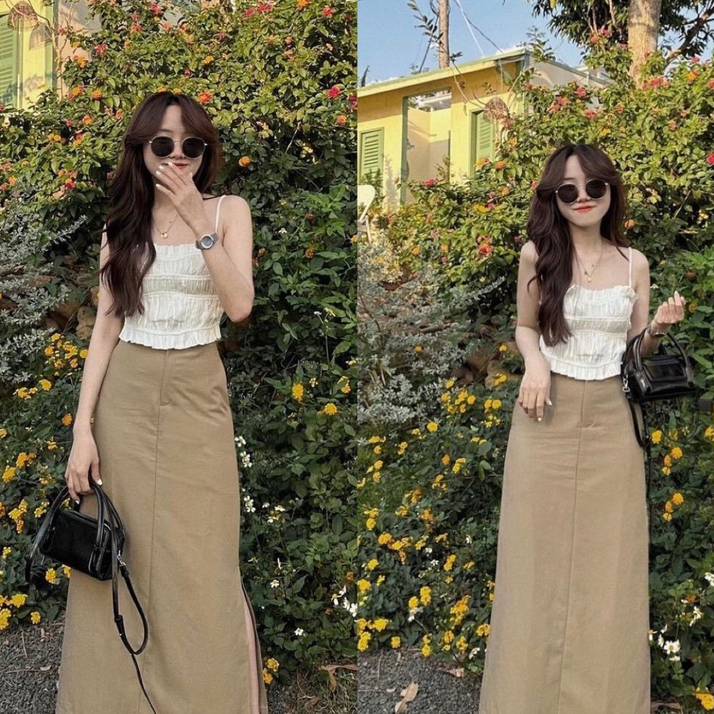 ( Hàng sẵn): Set Áo lụa 2 dây thiết kế dún ôm phom + chân váy kaki midi xẻ tà 1 bên