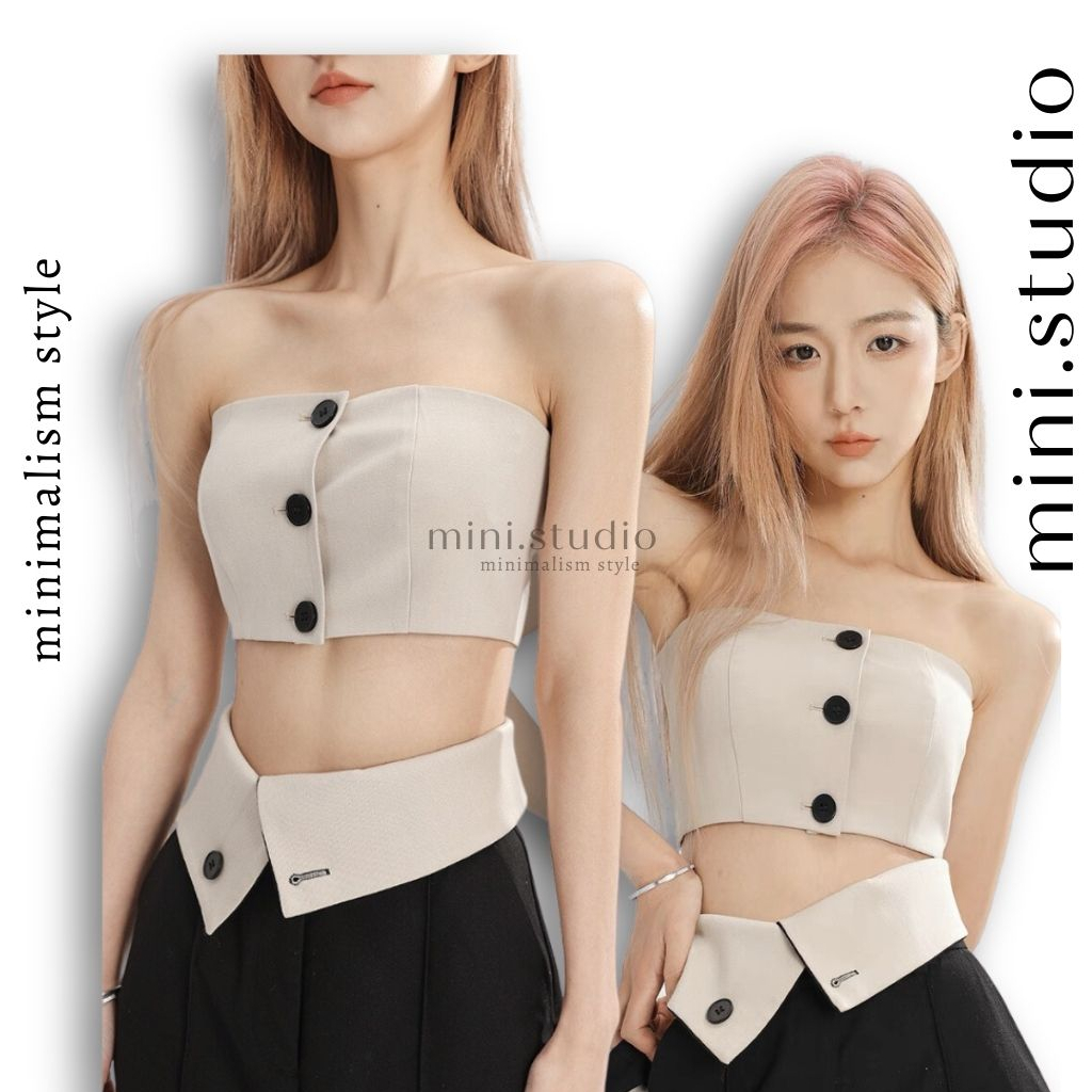 mini. studio- Set áo ống Croptop kiểu Jennie kèm quần ống rộng lưng cao cạp lật cá tính