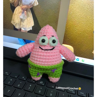 Móc khoá hình Patrick bọt biển bằng len Handmade, Móc khoá treo balo độc lạ cute