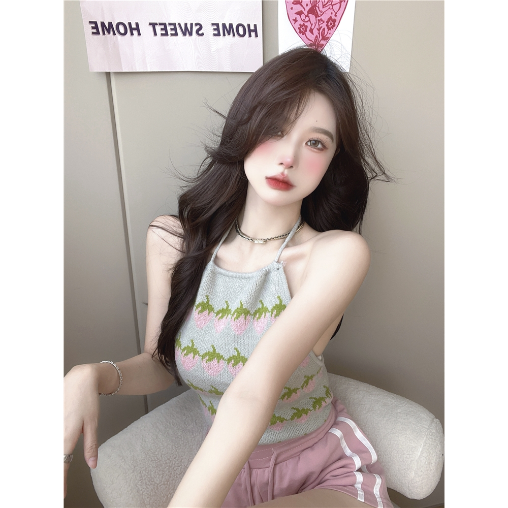 Áo yếm dệt kim hở lưng gợi cảm khí chất mùa hè cho nữ Áo yếm hai dây dâu tây dệt kim đan dây phía sau lưng