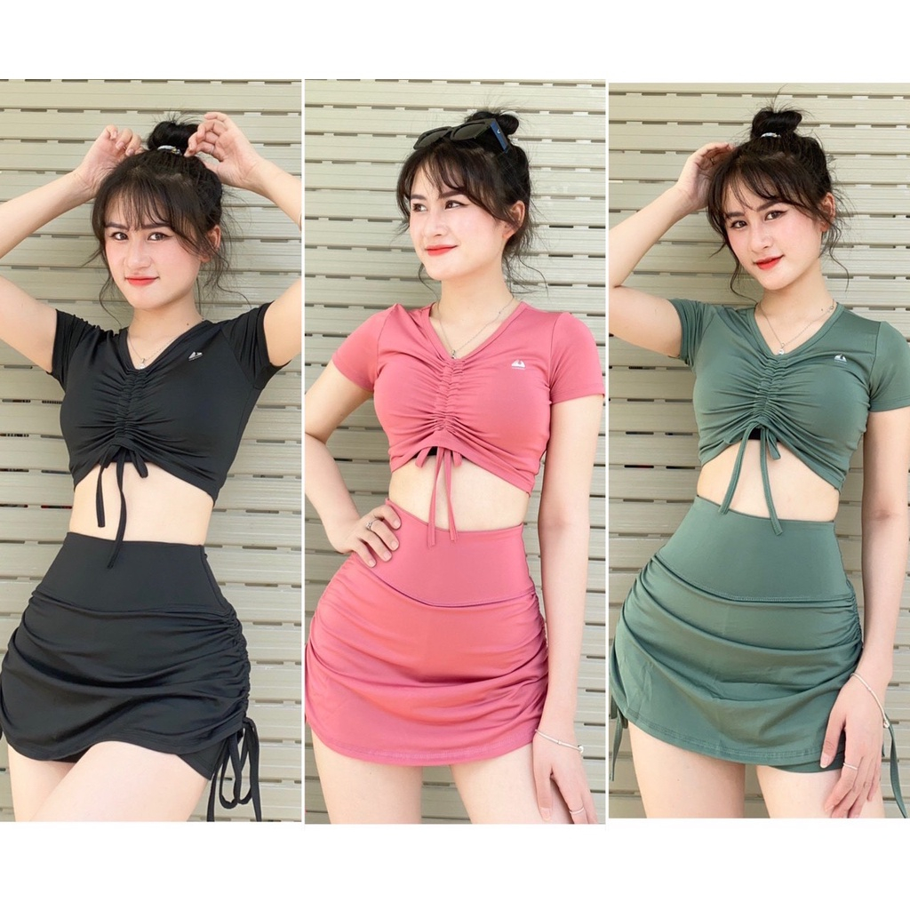 Váy đi biển, đồ bơi nữ, set đồ tập erobic dã ngoại,chân váy 2 lớp áo croptop rút dây - AH02