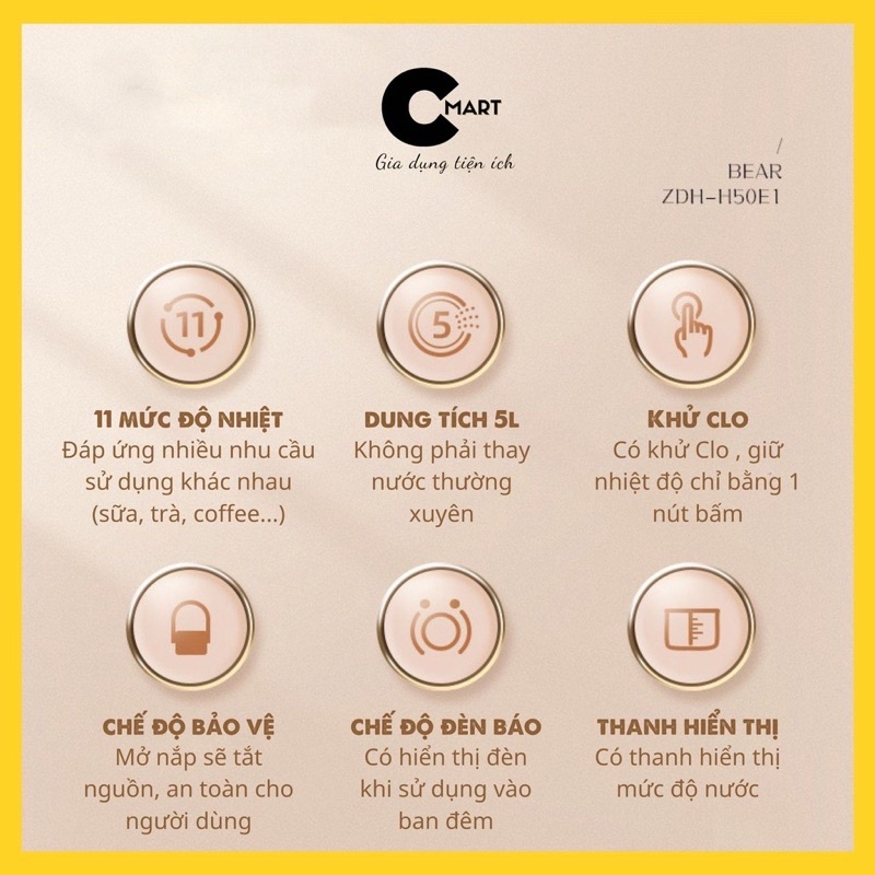Bình thuỷ điện 5L Bear bình đun siêu tốc 11 mức nhiệt, khử Clo thông minh, 2 chế độ nấu nước tiện lợi – Hàng chính hãng