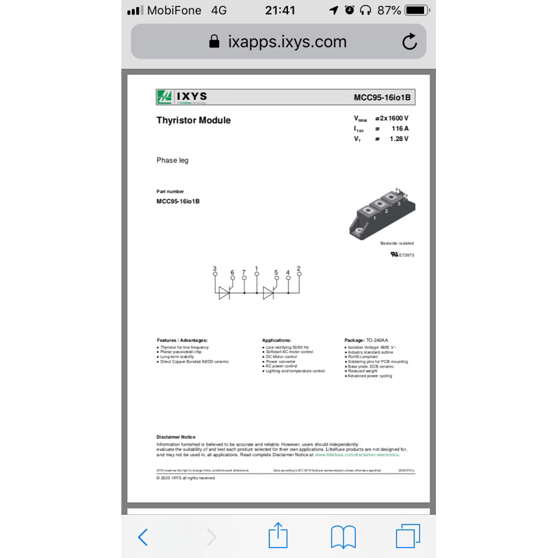 Thyristor scr module MCC95-16  tháo máy