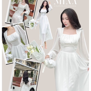 Đầm midi xếp li tay dài - Đầm cổ vuông tay phồng dáng dài nhún ngực
