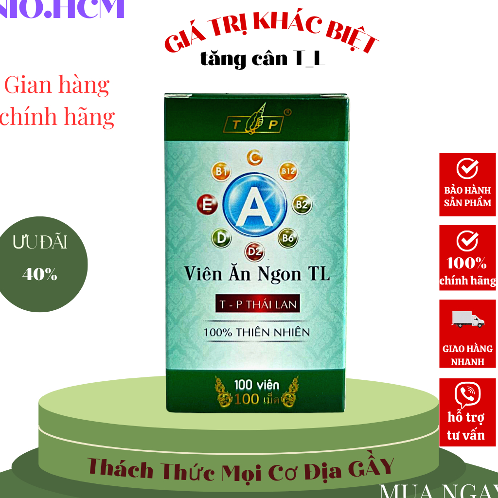 Viên ăn ngon TL. bổ sung vitamin cho người gầy,suy dinh dưỡng,kém ăn,tiêu hoá kém, tăng cân an toàn (hộp 100 viên)