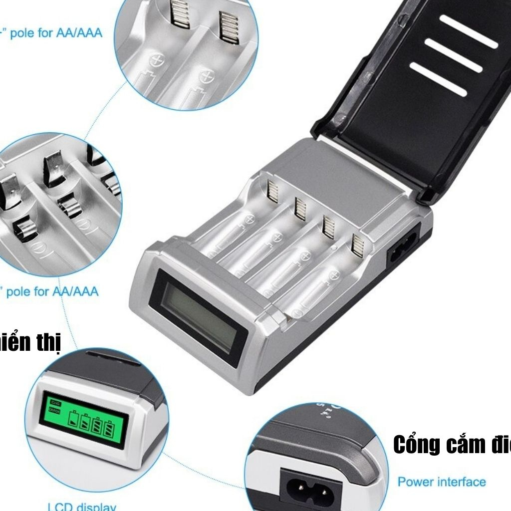 Bộ Sạc Pin Tiểu AA AAA đa năng đèn led báo sạc 4 khe sạc độc lập an toàn