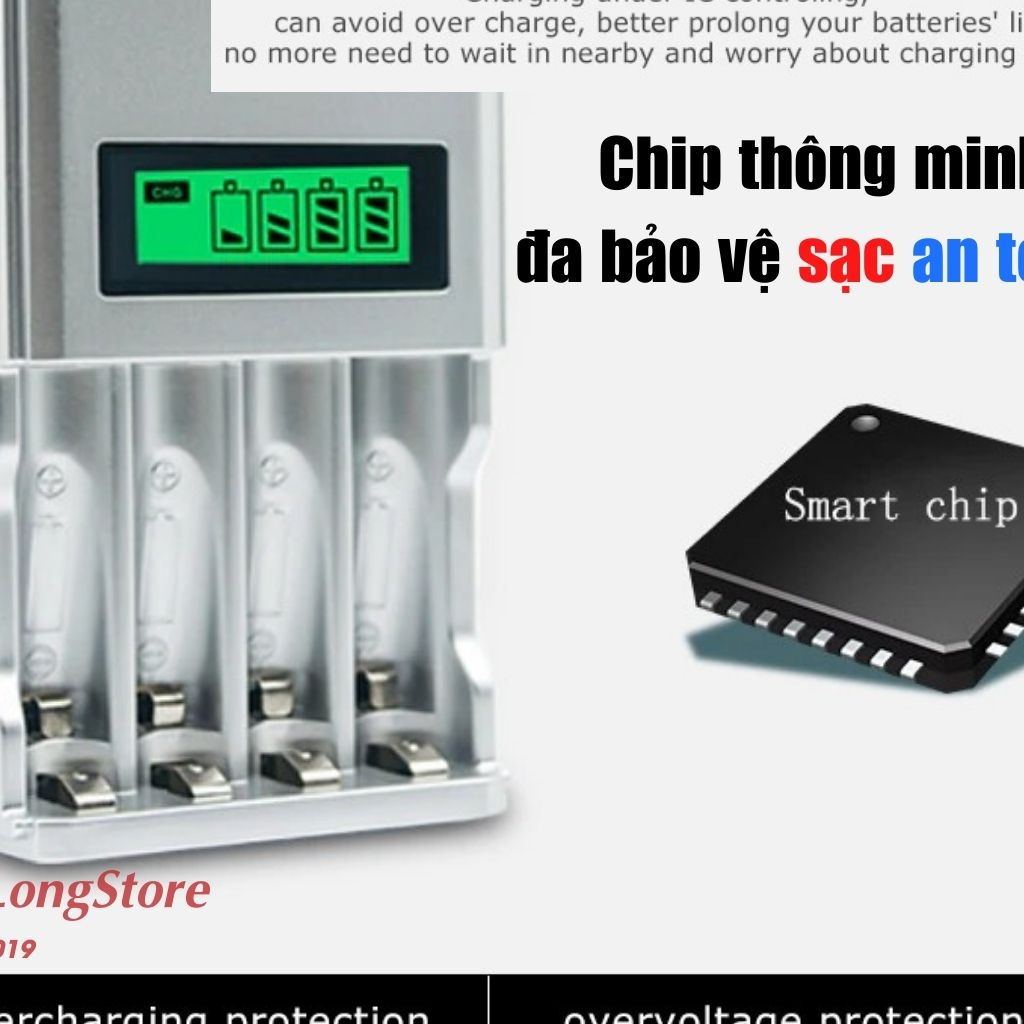 Bộ Sạc Pin Tiểu AA AAA đa năng đèn led báo sạc 4 khe sạc độc lập an toàn