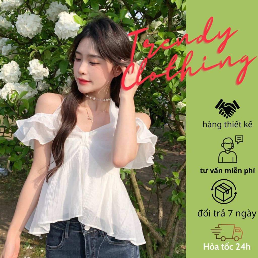 Áo Kiểu Nữ, Áo Hở Vai Tay Bèo, Áo voan baby Phối Cổ Dây Buộc Nơ Nhẹ Nhàng Dễ Thương