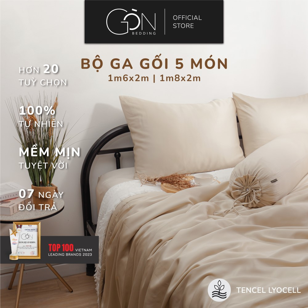 Bộ Chăn Ga Gối 5 Món Gòn Bedding Lụa Tencel 60s Màu Trơn 1m6x2m - 1m8x2m