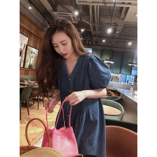 Váy Denim chiết ly Oversize dáng dài Hàn quốc