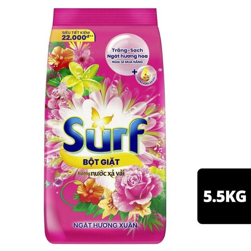 Bột giặt Surf Ngát Hương Xuân 5,5kg, Tặng Nước Xả Vải Surf 750ml