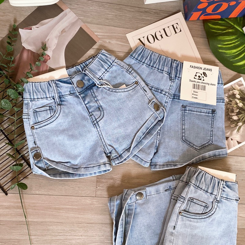 Quần Sọt Jean Quần Jean Đùi Màu Xanh Nhạt Săn Lai Cho Bé Gái Co Giãn Từ 10-38KG.