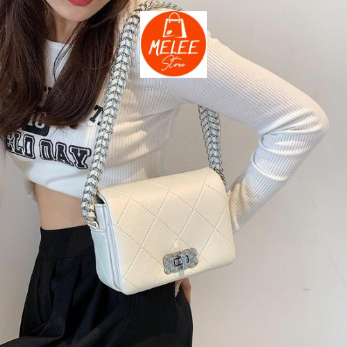Túi Xách Nữ Đeo Vai Dáng Vuông MELEE ML022 Họa tiết Ô trám dây xích đan, chất da đẹp siêu mềm mịn