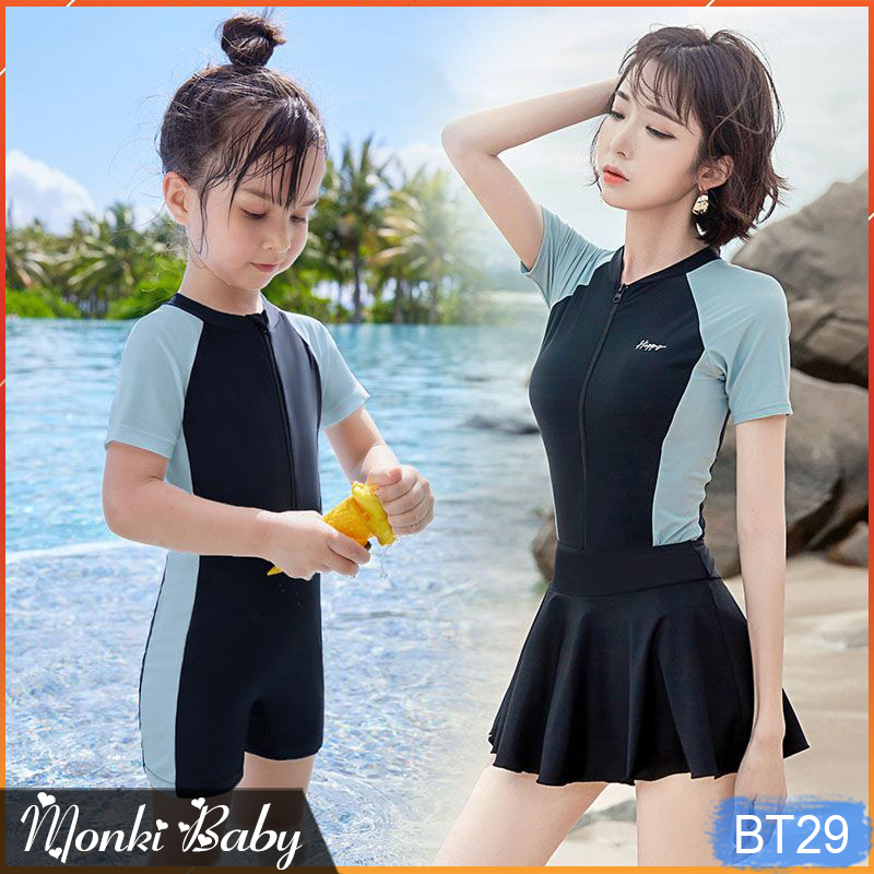 Bộ bơi một mảnh đôi mẹ con xinh xắn, dáng liền thân quần đùi gọn gàng kín đáo, có kèm chân váy rời, chất bơi đẹp | KT601