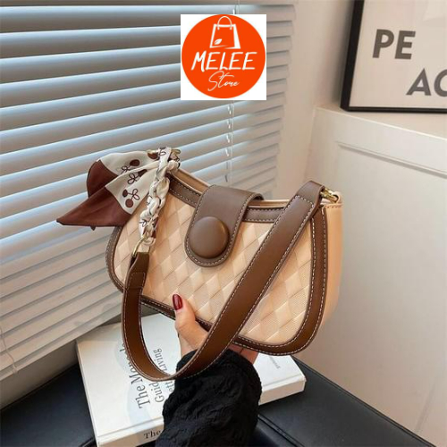 Túi Xách Nữ Đeo Chéo, Đeo Vai Thời trang MELEE ML002, có 2 dây, khóa tròn họa tiết vân hình thoi Tặng Kèm khăn lụa
