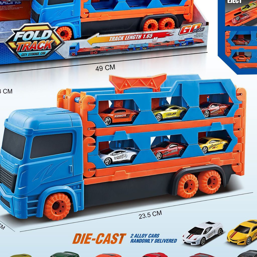 Xe đồ chơi xe tải 3 tầng kèm 6 xe đua nhỏ mô hình đường đua xe dài 1.65 - 2m có thể gấp gọn cho bé, q