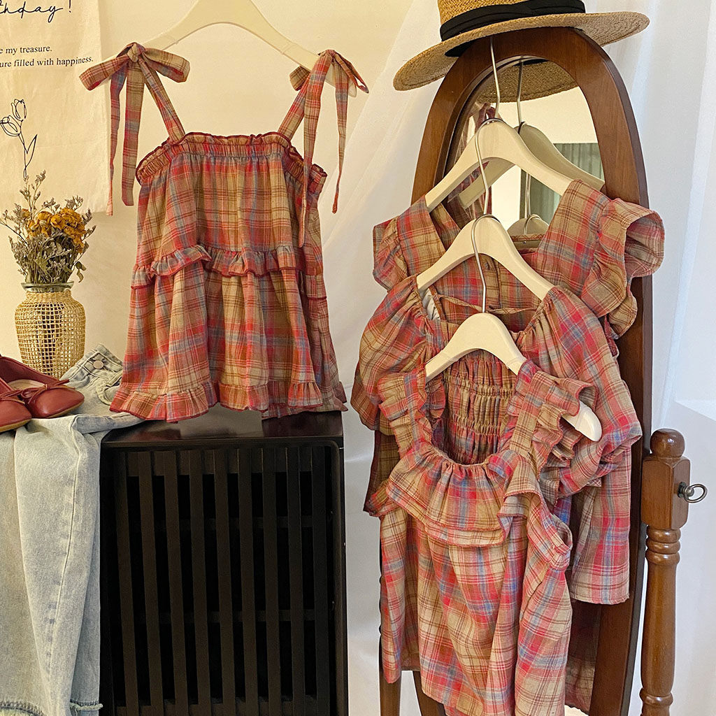 Áo sơ mi nữ cổ vuông tay ngắn bồng hoạ tiết kẻ sọc đỏ, sơ mi nữ vai cánh tiên caro vintage 1922