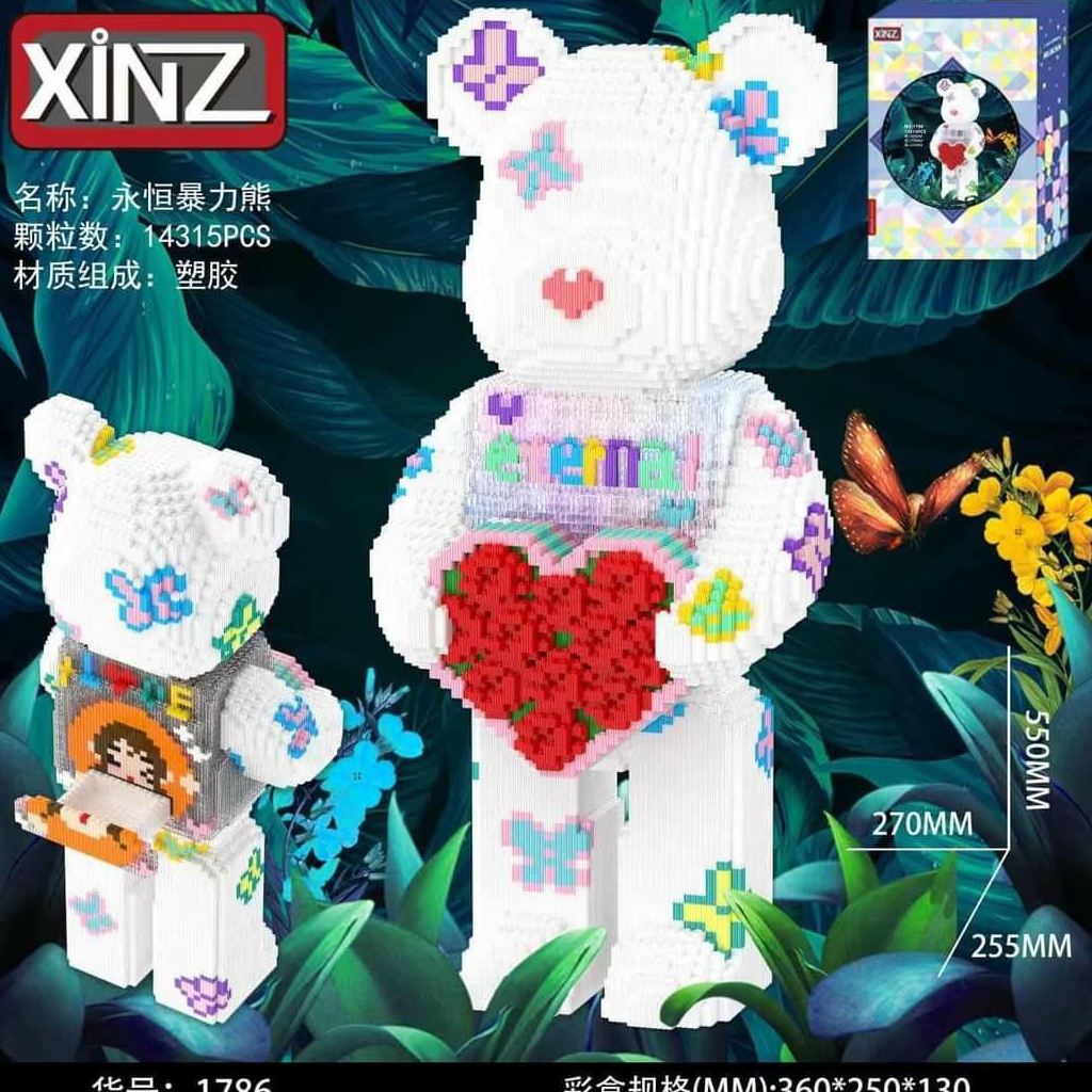 Bộ lắp ráp  3d Bearbrick Eternal gấu ôm tim hoa cỡ lớn kích thước 55cm 90cm xinz tặng kèm búa và đèn
