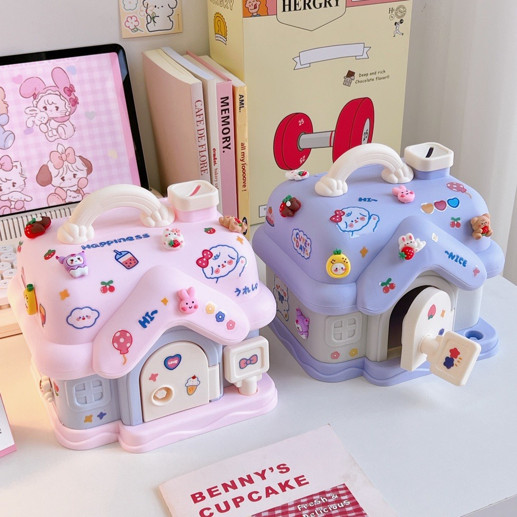 Hộp Tiết Kiệm Ngôi Nhà Có Khóa Dễ Thương tặng kèm Sticker