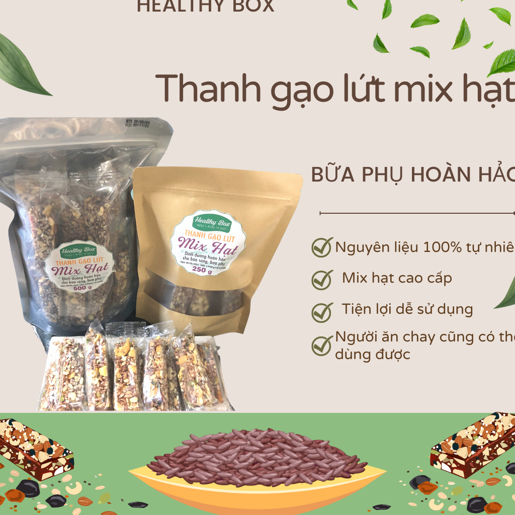 Thanh gạo lứt mix hạt cao cấp không đường 500gr, ăn sáng, bữa phụ tiện lợi, hỗ trợ giảm cân, ăn healthy, ăn chay, ăn vặt