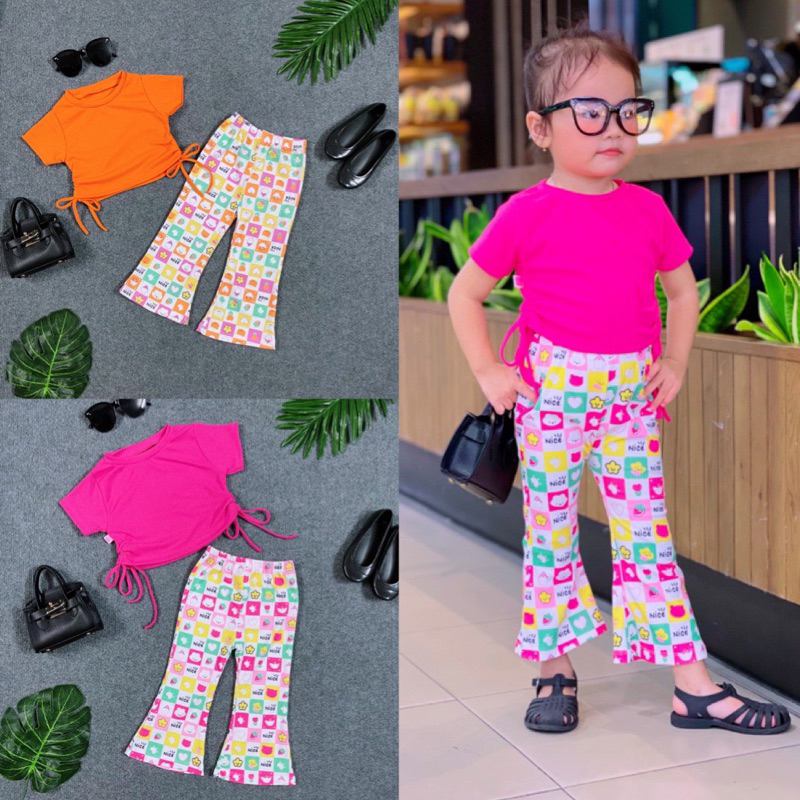 Set Áo Dây Rút Phối Quần Loe Đuôi Cá Hoạ Tiết Màu Nổi Bật Cho Bé Gái