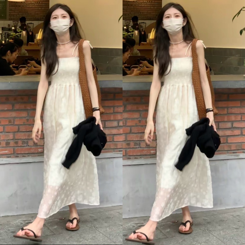 Váy hai dây maxi dáng dài trắng be dáng suông vạt váy chữ A xoè tôn eo cao đầm thắt nơ công chúa vintage Pháp