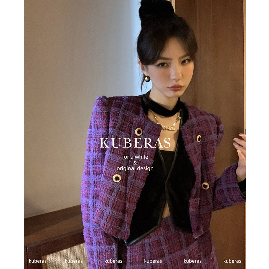 Áo Dạ Tweed Dáng Ngắn Màu Tím Thời Thượng + Chân Váy Tweed Chữ A Hàng L1 Thời Trang Nữ