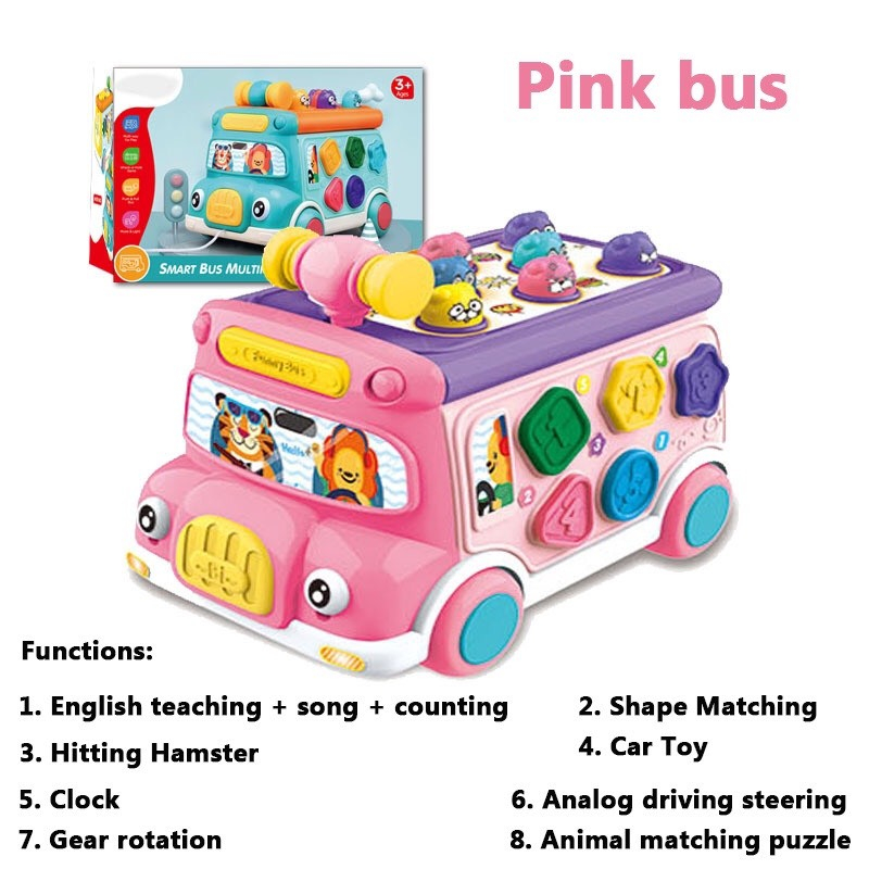 Đồ Chơi Montessori Xe Ô Tô Buýt Đa Chức Năng Gồm Phát Nhạc, Phản Xạ Đập Chuột, Đồng Hồ, Hình Khối