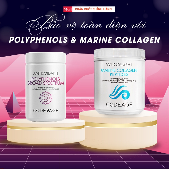 Codeage Multi Collagen Peptides + Codeage Polyphenols Broad Spectrum, Combo Da Khỏe Săn Chắc, Chống Nắng Hiệu Quả