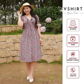 Váy hoa nền xanh nơ ngực bigsize vshirt