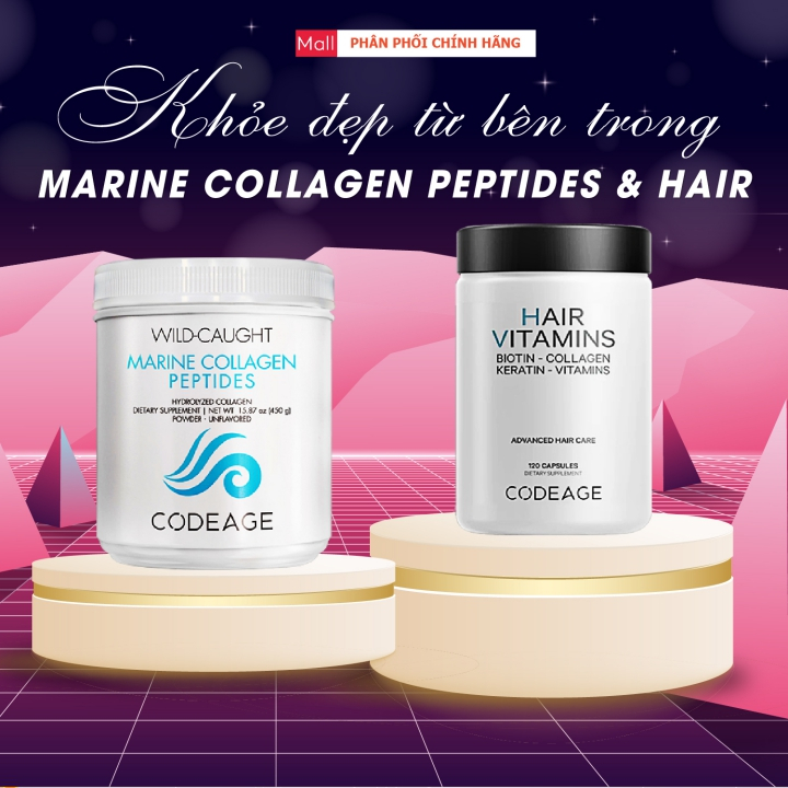 Codeage Collagen Marine + Codeage Hair Vitamins, Combo Giúp Trẻ Hóa Da, Kích Thích Mọc Tóc