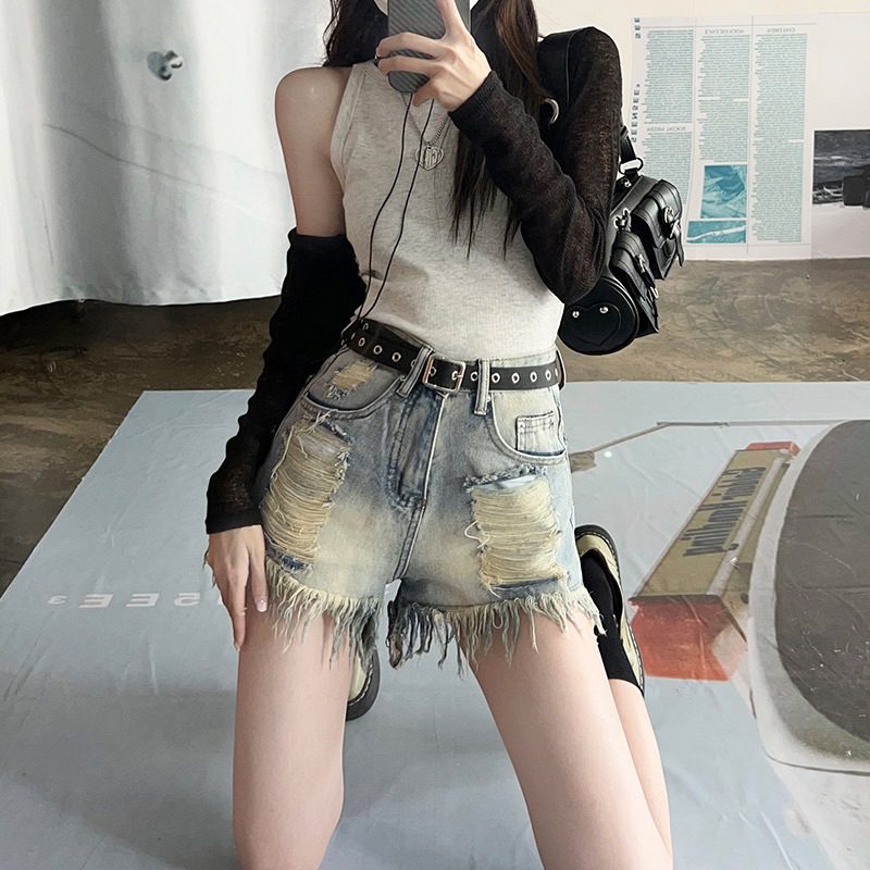 Quần đùi jeans bò denim rách Nữ retro màu xanh bạc hottrend ống đứng tua rua short cao cấp hè 2023