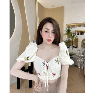 Bigsize Áo hoa thêu cột nơ nhún 55-95kg