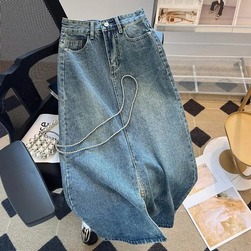 Chân váy jean nữ Dáng dài Xẻ trước Chữ A Lưng cao Hàn Quốc Váy bò midi dài Cạp cao xẻ Ulzzang Thời trang