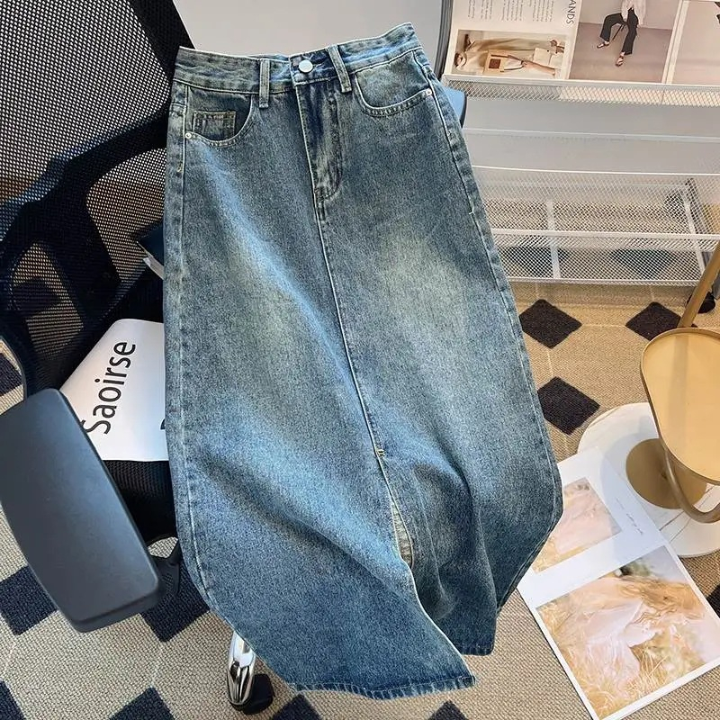 Chân váy jean nữ Dáng dài Xẻ trước Chữ A Lưng cao Hàn Quốc Váy bò midi dài Cạp cao xẻ Ulzzang Thời trang