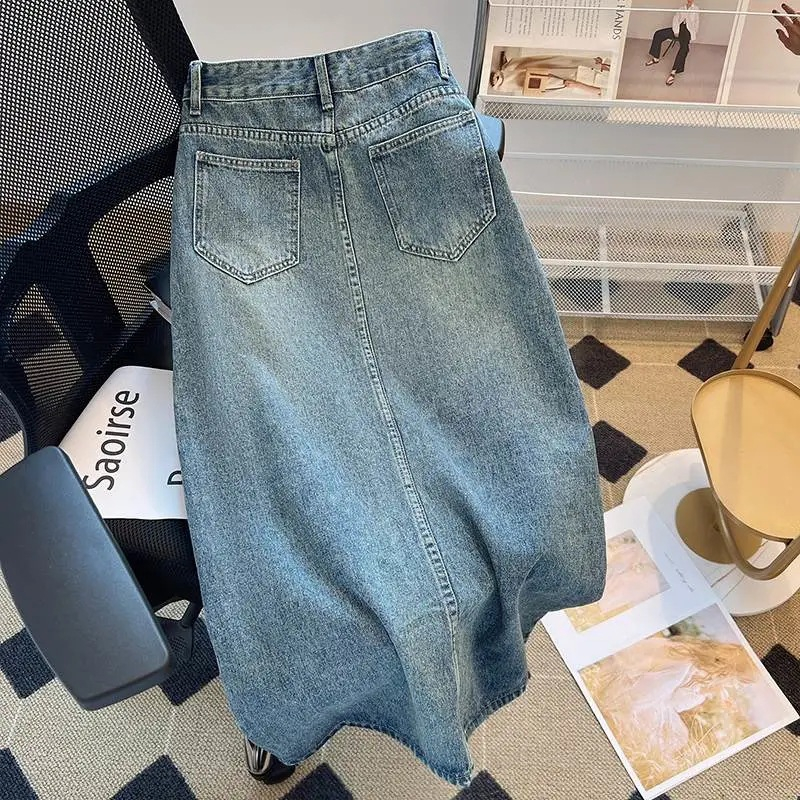 Chân váy jean nữ Dáng dài Xẻ trước Chữ A Lưng cao Hàn Quốc Váy bò midi dài Cạp cao xẻ Ulzzang Thời trang