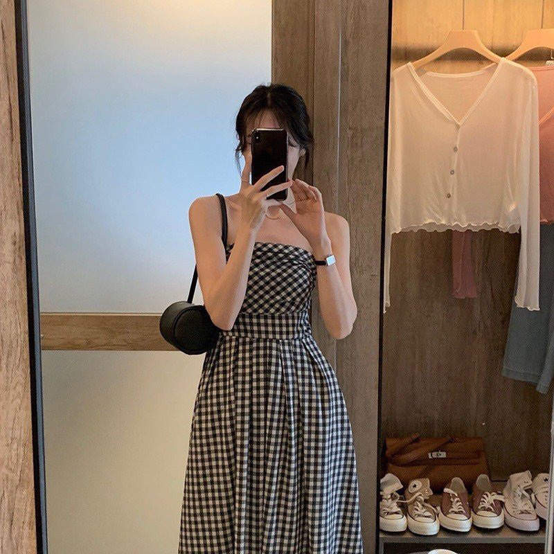 Đầm dài sọc caro cúp ngực