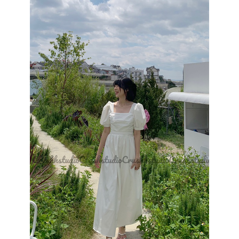 CALA DRESS - Đầm trắng tay phồng xếp li ngực. CRUSHH STUDIO