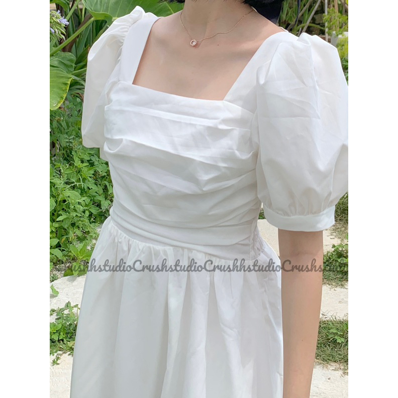 CALA DRESS - Đầm trắng tay phồng xếp li ngực. CRUSHH STUDIO