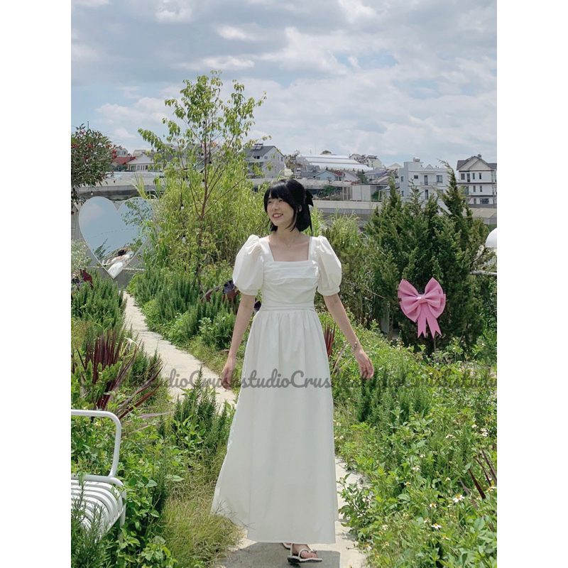 CALA DRESS - Đầm trắng tay phồng xếp li ngực. CRUSHH STUDIO