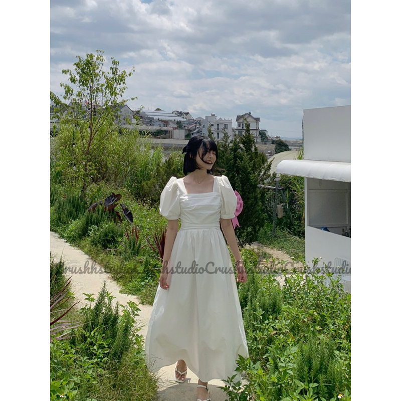 CALA DRESS - Đầm trắng tay phồng xếp li ngực. CRUSHH STUDIO