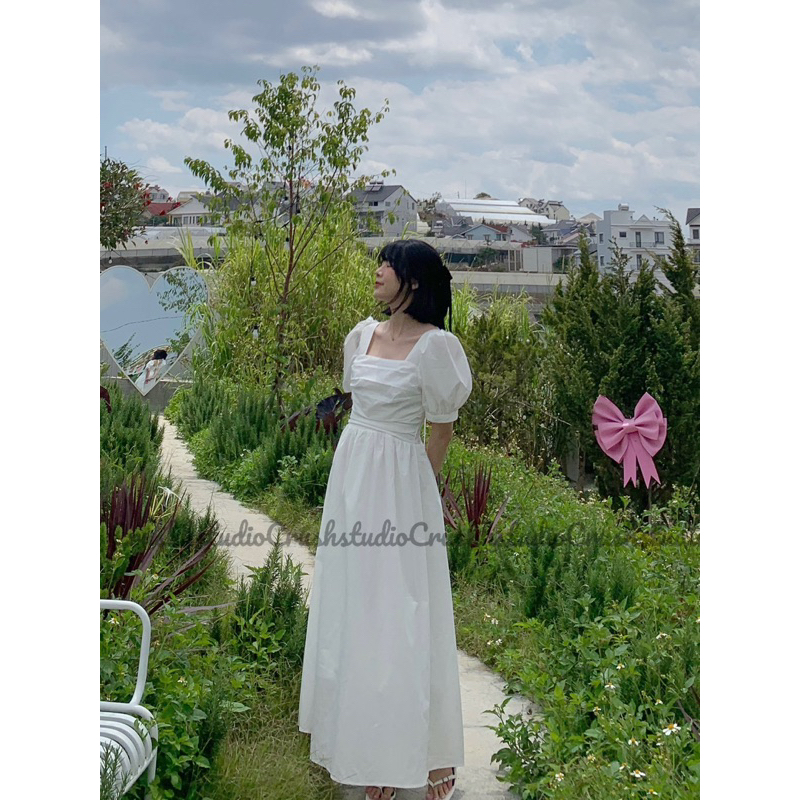 CALA DRESS - Đầm trắng tay phồng xếp li ngực. CRUSHH STUDIO