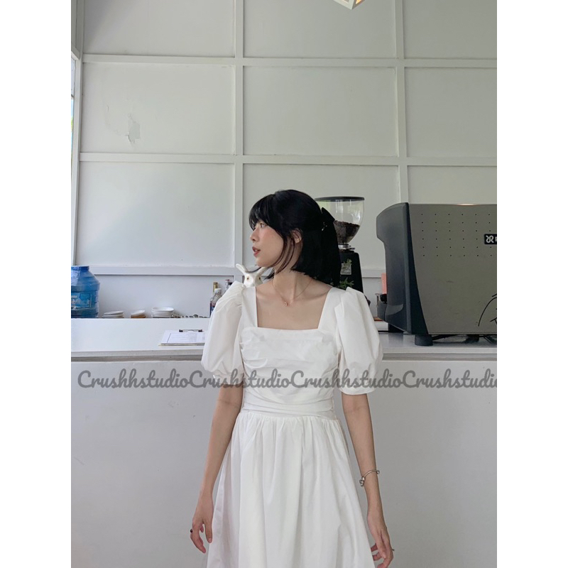 CALA DRESS - Đầm trắng tay phồng xếp li ngực. CRUSHH STUDIO