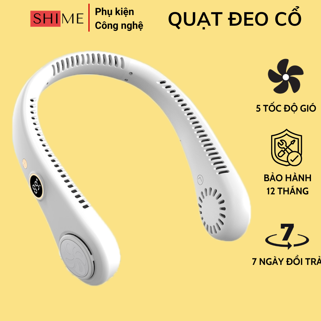 Quạt đeo cổ không cánh 5 tốc độ, có màn hình led hiển thị % pin, dùng 10h liên tục