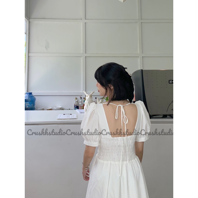 CALA DRESS - Đầm trắng tay phồng xếp li ngực. CRUSHH STUDIO