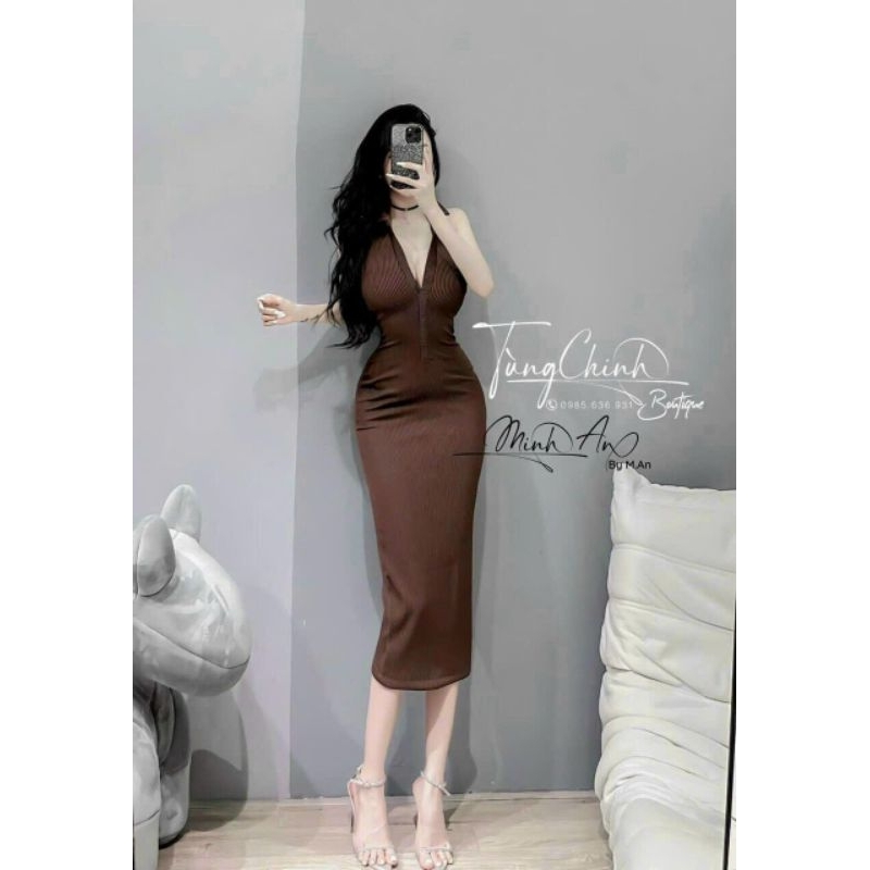 Đầm Sát Nách Cổ V Trụ Polo Hở Lưng - Dáng Dài Midi Ôm Body Sexy - Tiểu Thư Bánh Bèo Cute Sang Chảnh - Basic Đơn Giản