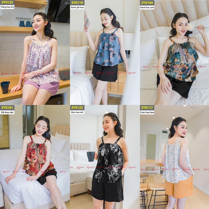 Đồ Bộ Mặc Nhà CARDINA Cao Cấp Chất Lụa Satin Nhật Quần Đùi Áo Cổ Yếm Họa Tiết Sắc Nét Quyến Rũ