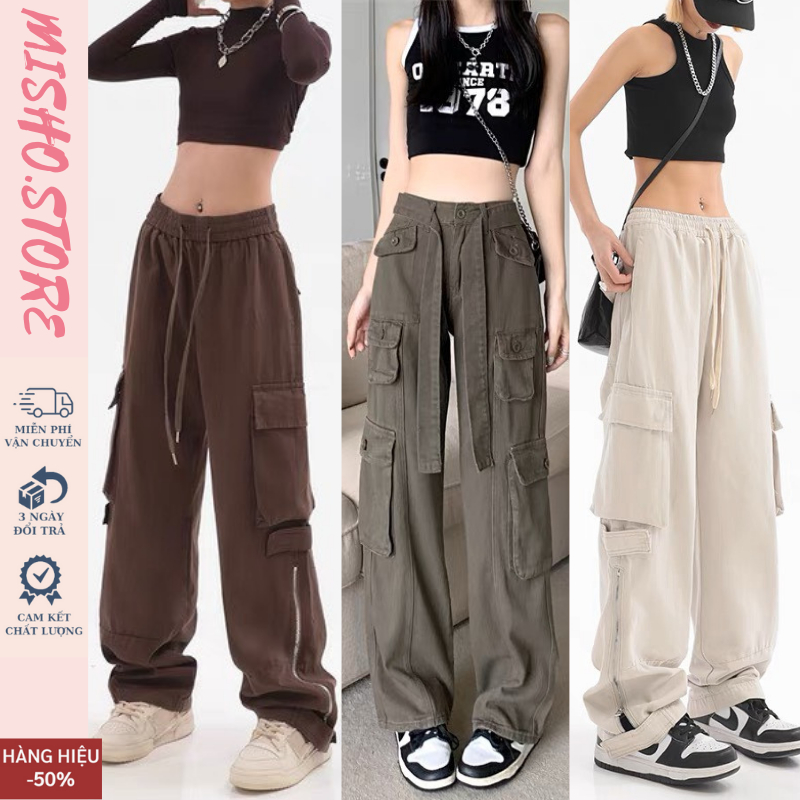 Quần kaki túi hộp nữ màu nâu hiphop MISHO, quần túi hộp cargo pants nữ ống suông rộng CẠP CAO 2023