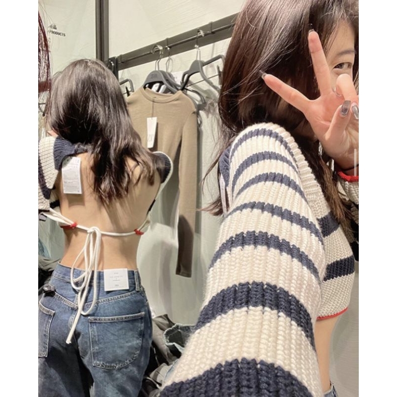 - (MUA Ở GIỎ LIVE ĐỂ ÁP MÃ) Quà tặng sinh nhật,bạn gái,cho nữ,tết Áo len crop ZAR hở lưng đan dây sọc ngan
