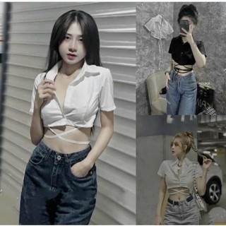 Áo kiểu sơmi form croptop cột nơ eo,áo kiểu nữ form croptop